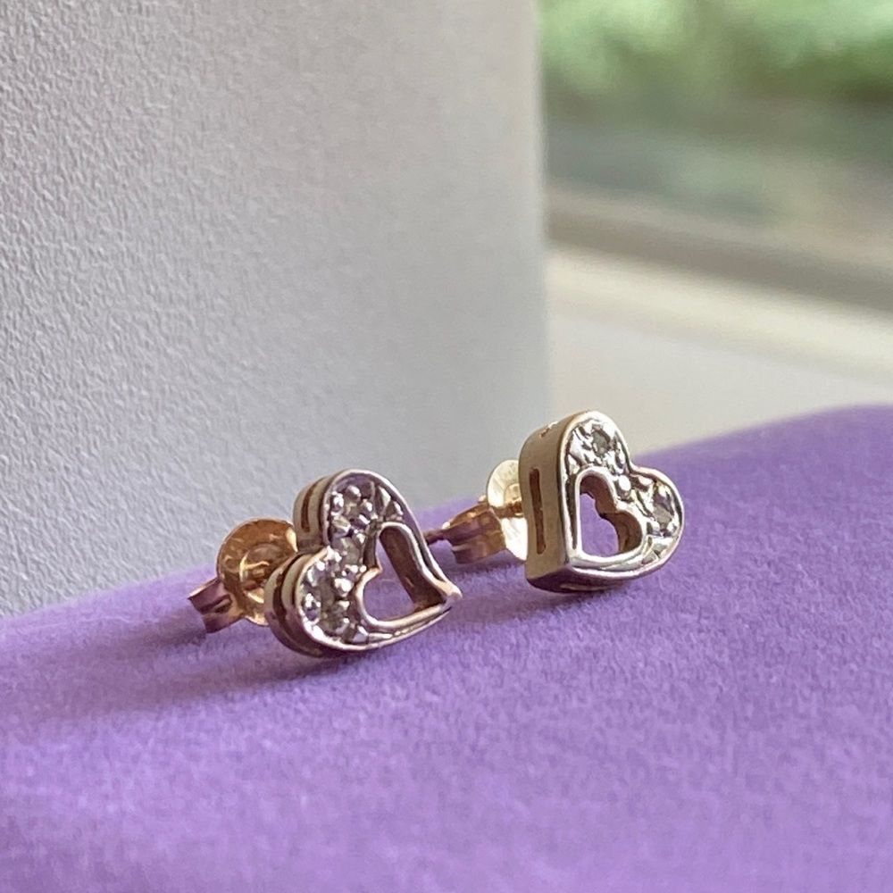 Gold Heart Stud Earrings with Crystal Accents - Women's Jewelry